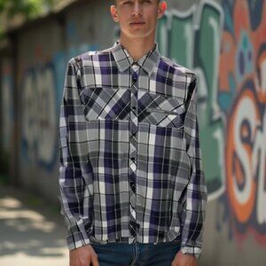 English Laundry Purple & Grey Plaid Button Down Shirt Men’s Medium Smart Casual